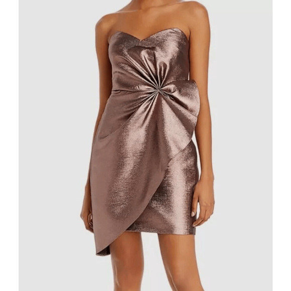 Aidan Mattox Women's Pink Strapless Bow Jacquard‎ Metallic Mini Dress Size 6 NWT - Picture 1 of 16
